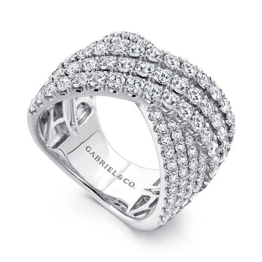 Wide white gold diamond band ring with multiple rows of round sparkling diamonds
