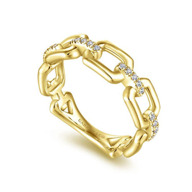 Yellow gold link ring with diamond accents, modern geometric design on white background
