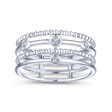 Sterling silver multi-row ring with round bezel-set diamonds and bead detailing