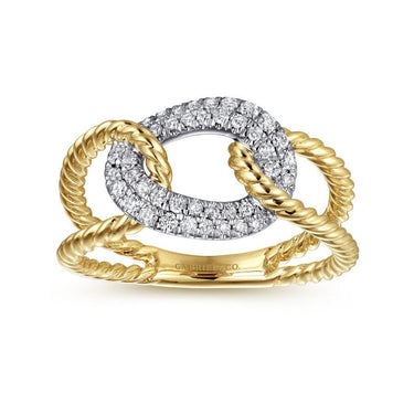 Yellow gold twisted rope ring with oval diamond pavé centerpiece, elegant jewelry design