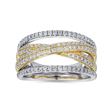Multi-row diamond ring with intertwined yellow and white gold bands, pavé set diamonds