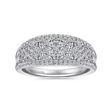 White gold diamond pave band ring with multi-row round diamond accents