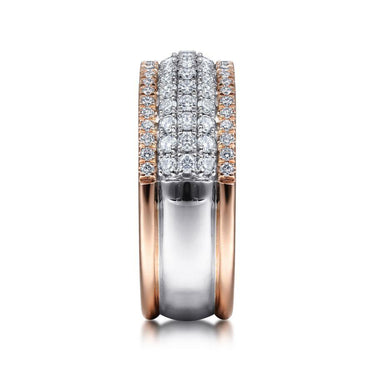 Men's two-tone wide band ring with multiple rows of round diamonds, rose and white metal.