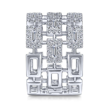 Wide white gold fashion ring with geometric baguette and round diamonds, modern design