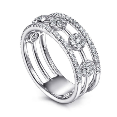 White gold diamond fashion ring with three rows of round diamond clusters and pavé accents