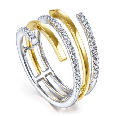 Two-tone gold and diamond multi-row fashion ring with curved bands and pavé accents