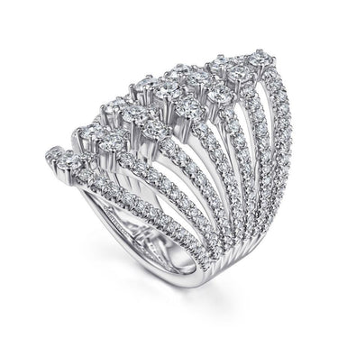 Wide white gold fashion ring with multiple rows of sparkling round diamonds in a fan design
