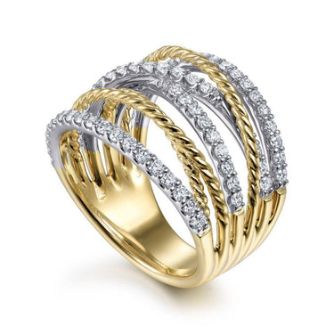 Wide two-tone gold ring with multiple rows of round diamonds and twisted gold accents