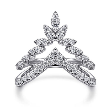 White gold chevron ring with marquise and round diamonds in a floral crown design