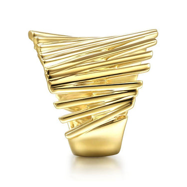 Modern sculptural gold ring with stacked geometric bands on a white background.