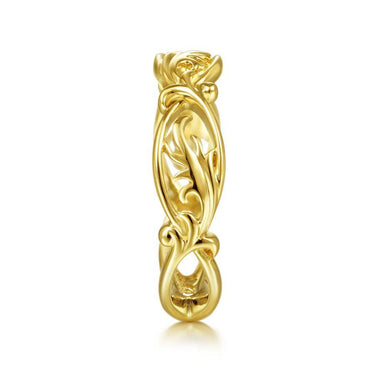 Ornate yellow gold ring with intricate leaf and vine design, fine jewelry product photo