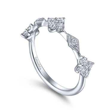 White gold ring with round and geometric diamond clusters on band, fine jewelry