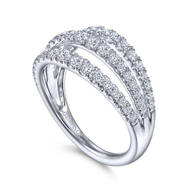 White gold multi-row diamond fashion ring with three rows of round pave diamonds