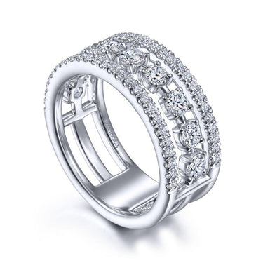 Wide white gold band ring with three rows of round-cut diamonds and intricate detailing