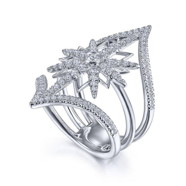 White gold diamond fashion ring with starburst design and pavé details
