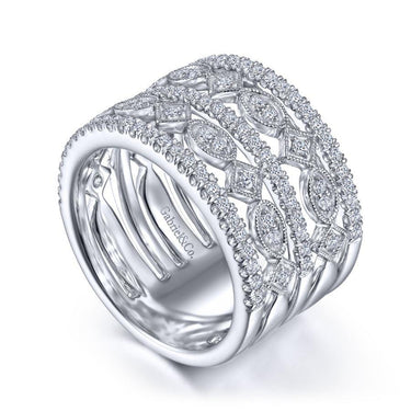 Wide white gold diamond band ring with intricate lattice design and pavé stones