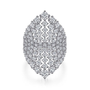 White gold fashion ring with layered rows of round diamonds and a geometric marquise shape