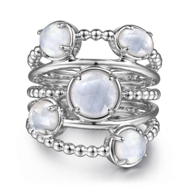 Silver fashion ring with five round moonstone gems and beaded band accents