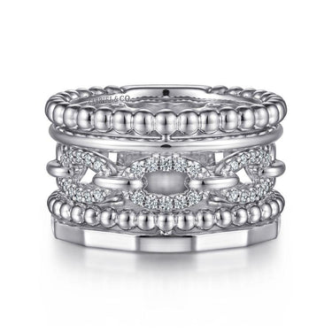 White gold diamond fashion ring with beaded and chain-link design on white background