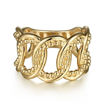 Wide gold band ring with intricate beaded and twisted design, fashion jewelry