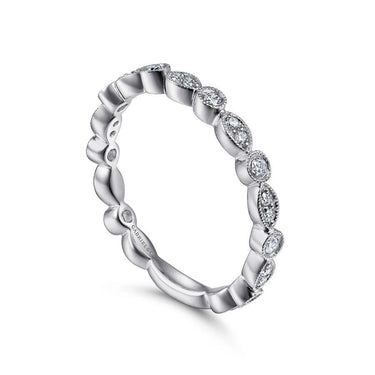 White gold stackable diamond band ring with alternating round and marquise shapes