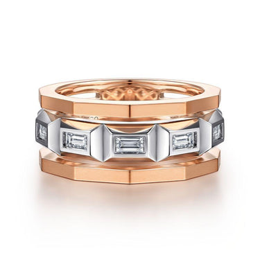 Rose gold and white gold geometric ring with baguette-cut diamonds, stacked modern design