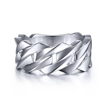 Men's wide silver woven band ring with polished braided design on white background