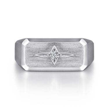Men's white gold signet ring with a center round diamond and brushed finish