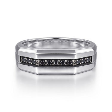 Men's white gold ring with channel-set black diamonds and octagonal edges