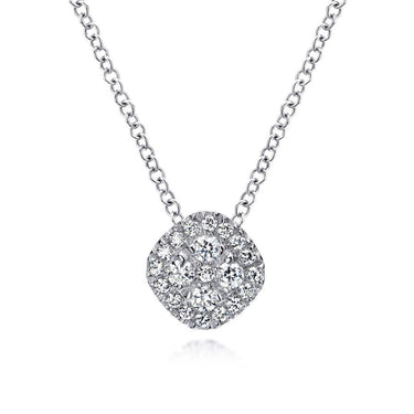 White gold necklace with cushion halo cluster diamond pendant on a simple chain