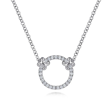 Diamond circle pendant necklace in white gold with ornate accents on cable chain