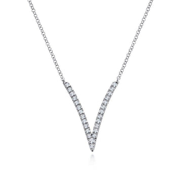 V-shaped diamond pendant necklace on a white gold chain, modern fine jewelry