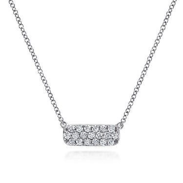 White gold bar pendant necklace with pavé diamonds on a delicate chain, fine jewelry