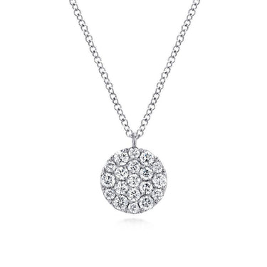 White gold chain necklace with round diamond cluster pendant on white background