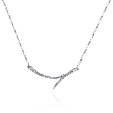 White gold curved bar necklace with diamonds on a delicate chain, modern jewelry design