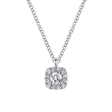 Cushion halo diamond pendant necklace in white gold on a cable chain