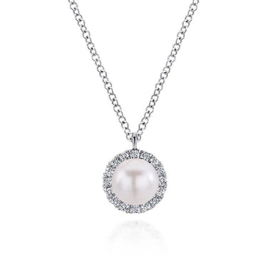 White gold necklace with a round pearl pendant surrounded by a halo of diamonds