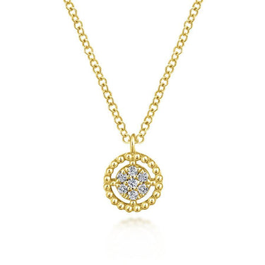 Gold chain necklace with round diamond cluster pendant and beaded border