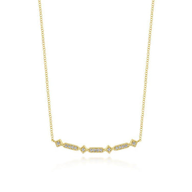 Yellow gold necklace with geometric diamond accents on a delicate chain, fine jewelry