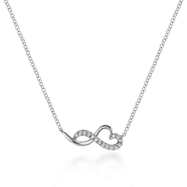 White gold infinity heart necklace with diamond accents on a fine chain