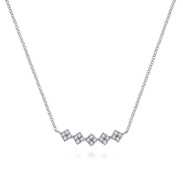 White gold necklace with five square diamond pendants on a delicate chain, fashion jewelry