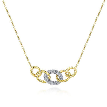 Yellow gold chain necklace with twisted rope links and a central diamond pavé oval