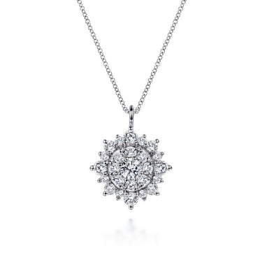 White gold necklace with round cluster diamond pendant on a simple chain, bridal jewelry