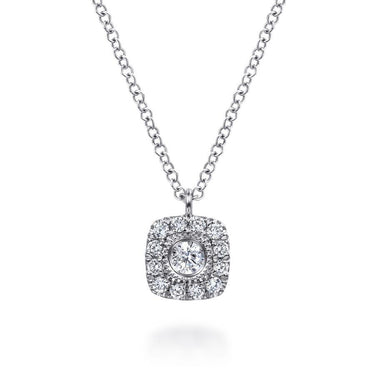 Cushion halo diamond pendant necklace in white gold on chain, elegant jewelry piece