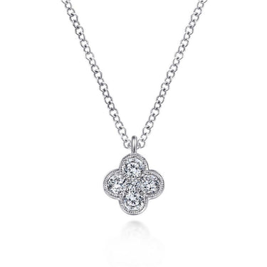 White gold chain necklace with a floral diamond cluster pendant on white background