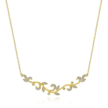 Gold diamond necklace with vine leaf design, elegant fashion jewelry on white background