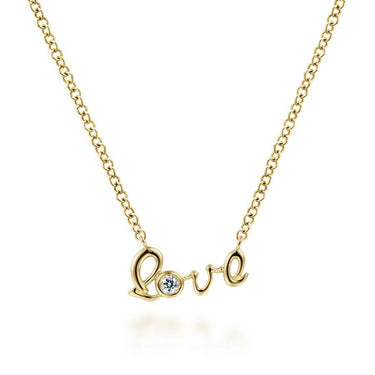 Gold necklace with script love pendant and a single round diamond accent