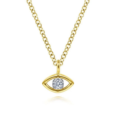 Gold eye-shaped pendant necklace with center round diamond on gold chain