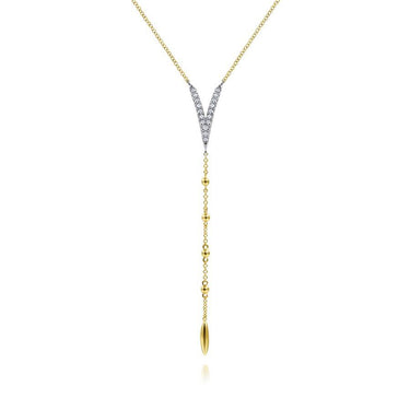 Gold and diamond Y-shaped lariat necklace with bead accents on a white background