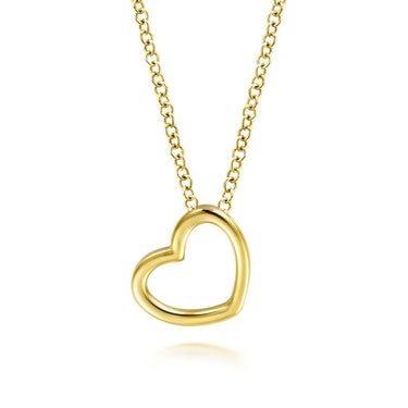 Yellow gold heart pendant necklace with open design on a delicate chain, fine jewelry.